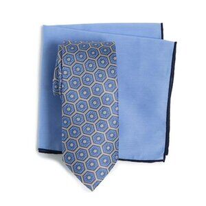 Hickey Freeman Mens Blue Yellow Silk Medallion Tie and Handkerchief Box Set New